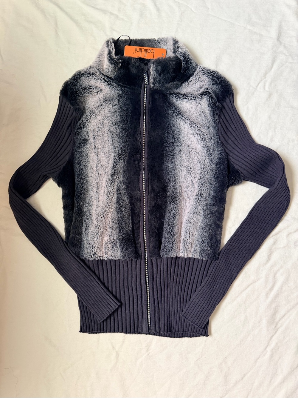 Belldini Faux Fur Front Ribbed Zip Jacket - Gray/Black size XL - NWT